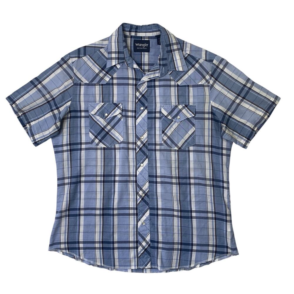 Wrangler Shirt Mens L Large Western Short Sleeve Plaid Pearl Snap Buttons